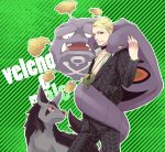  1boy arbok blonde_hair choker crossover formal hanaichi_(hana13) highres jewelry jojo_no_kimyou_na_bouken koffing male mightyena necklace pokemon pokemon_(creature) prosciutto suit weezing 