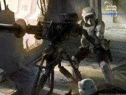  2boys armor copyright_logo copyright_name english_text gun helmet logo looking_at_another multiple_boys scout_trooper star_wars ukitakumuki weapon weapon_request white_armor white_helmet 