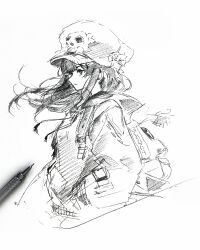  1girl backpack bag closed_mouth commentary_request from_side graphite_(medium) greyscale guilty_gear guilty_gear_strive hands_in_pockets hat highres hood hoodie long_hair long_sleeves may_(guilty_gear) monochrome nt50 sketch skull_and_crossbones solo traditional_media 