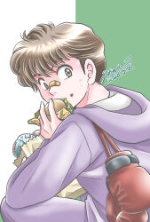  1_pound_no_fukuin 1boy aononmi bandaid bandaid_on_face bandaid_on_nose boxing_gloves brown_eyes brown_hair burger commentary_request dated eating food food_on_face gloves hanataka_kosaku highres holding holding_burger holding_food holding_sack hood hoodie looking_at_viewer male_focus purple_hoodie sack simple_background sitting unworn_gloves 