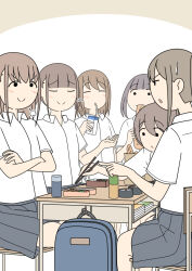  >:) 6+girls backpack bag baguette bendy_straw bento blush bread brown_background brown_hair chair chopsticks closed_eyes closed_mouth collared_shirt commentary_request crossed_arms desk dress_shirt drinking_straw eating food grey_skirt holding holding_chopsticks holding_food juukyuu multiple_girls on_chair original pleated_skirt ponytail profile school_chair school_desk school_uniform shirt skirt small_sweatdrop solid_circle_eyes sweat twintails two-tone_background unworn_backpack unworn_bag v-shaped_eyebrows white_background white_shirt 