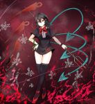  black_hair black_thighhighs blood bow dress fang houjuu_nue legs pitchfork polearm red_eyes solo takaharu thigh-highs thighhighs touhou trident weapon wings 