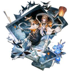  1girl animal_ears architecture arknights black_gloves black_skirt blue_flower boots chinese_clothes cityscape clouds contrail_(arknights) contrail_(the_heavenly_bridge)_(arknights) dress east_asian_architecture eraser fingerless_gloves fireworks flower flying flying_squirrel full_body game_asset glasses gloves hairband hand_fan highres holding holding_fan jetpack lantern long_skirt magpie multiple_views night notebook official_alternate_costume official_art open_mouth outdoors paper_fan paper_lantern parted_lips pencil photo_(object) pleated_skirt pointing qiumoyixing red-framed_eyewear semi-rimless_eyewear shawl skirt sky_lantern solo squirrel squirrel_ears squirrel_girl squirrel_tail tachi-e tail tassel third-party_source under-rim_eyewear violet_eyes white_boots white_dress white_hairband white_shawl wide_sleeves 