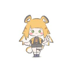  1girl :3 animal_ear_fluff animal_ears blonde_hair blush chibi chibi_only colored_inner_hair commentary green_eyes gutaro_o jacket ju_fufu long_hair looking_at_viewer multicolored_hair shirt shorts smile solo striped_fur striped_hair tail thigh_strap tiger_ears tiger_girl tiger_stripes tiger_tail untranslatable_commentary v white_background white_hair yellow_jacket zenless_zone_zero 