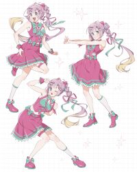  1girl :d absurdres anyoji_hime bare_shoulders blonde_hair blue_eyes bow chinese_commentary commentary_request full_body gradient_hair grid_background hair_bow hair_ornament hair_ribbon heart heart_hair_ornament highres interlocked_fingers knees_together_feet_apart leaning_to_the_side leg_up long_hair love_live! love_live!_hasu_no_sora_jogakuin_school_idol_club miniskirt multi-tied_hair multicolored_hair multiple_views open_mouth outstretched_arms pink_bow pink_hair pink_ribbon pink_shirt pink_shoes pink_skirt pink_socks pinstripe_socks pleated_skirt ponytail ribbon ruoguiling shirt shoes single_sock skirt smile socks standing stretching teeth upper_teeth_only v v-shaped_eyebrows v_over_head very_long_hair virtual_youtuber wawo!_(love_live!) white_background x_hair_ornament 