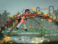  1girl black_eyes black_hair black_skirt braid fishing fishing_rod flower glowing_flower helmet highres leg_warmers myango_(applemangocrape) original outdoors overcast overgrown playground puddle puffy_short_sleeves puffy_sleeves rain shirt short_sleeves sitting skirt sky solo space_helmet twin_braids white_leg_warmers white_shirt yellow_flower 