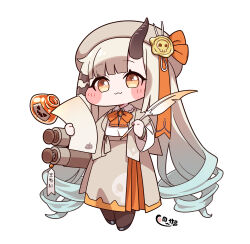  1girl absurdres beret black_pantyhose black_shoes blonde_hair blue_hair bow breasts brown_capelet brown_tunic capelet chibi closed_mouth collared_shirt commentary_request full_body gradient_hair hat hat_ribbon highres holding holding_paper holding_quill horns impersonation long_hair long_sleeves multicolored_hair orange_bow orange_eyes orange_ribbon orange_skirt pantyhose paper quill ribbon scroll sherum_(trickcal) shirt shoes single_horn skirt small_breasts speaki_(trickcal) trickcal tunic very_long_hair wax_seal white_background white_shirt yamada_sakura 