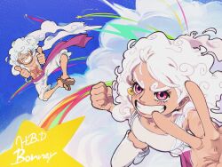  1boy 1girl arabic_commentary birthday blue_sky blush character_name clenched_hand closed_eyes cloud_hair clouds cloudy_sky commentary_request cross_scar devil_fruit_power double_thumbs_up face_piercing floating gear_fifth grin hagoromo happy_birthday highres jewelry_bonney lipstick long_hair looking_at_viewer makeup monkey_d._luffy one_piece open_hand piercing pink_eyes pink_lips sandals scar scar_on_chest shawl short_hair shorts sky smile smokee_q star_(symbol) tank_top thigh-highs thumbs_up transformation white_hair white_shorts white_tank_top white_thighhighs 