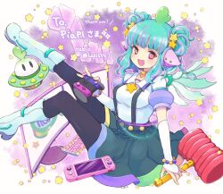  1girl aqua_hair boots bridal_gauntlets commentary computer_keyboard controller double_bun english_commentary fang game_controller green_skirt hair_bun hammer highres indie_virtual_youtuber looking_at_viewer monitor multicolored_hair nintendo_switch open_mouth pantyhose piapi_ufo piapi_ufo_(1.0) pink_streaks rabio_(labi555) shirt sitting skirt slime_hair solo star-shaped_pupils star_(symbol) streaked_hair suspender_skirt suspenders symbol-shaped_pupils ufo violet_eyes virtual_youtuber white_boots white_bridal_gauntlets white_shirt wings 