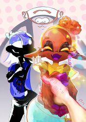  2girls big_man_(splatoon) blonde_hair blue_hair blue_shawl closed_eyes colored_eyelashes colored_tongue commentary_request couldoh dark-skinned_female dark_skin earrings fang frye_(deep_cut_outfit)_(splatoon) frye_(splatoon) gradient_hair hair_over_one_eye handshake highres inkling jewelry multicolored_hair multiple_earrings multiple_girls octoling open_mouth pointy_ears shawl shiver_(deep_cut_outfit)_(splatoon) shiver_(splatoon) smile splatoon_(series) splatoon_3 tentacle_hair tooth_earrings yellow_eyes yellow_shawl 