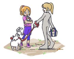  1boy 1girl 2girls aged_down baby blonde_hair bodysuit carrying child closed_eyes crossover dark_skin dog grey_bodysuit holding holding_leash jump-rope_tutor_(rhythm_tengoku) leash leggings multiple_girls noe_han3 open_mouth ponytail puppy-chan_(rhythm_tengoku) rabbit rhythm_tengoku rhythm_tengoku_miracle_stars shirt shorts simple_background sister_silver smile white_background 