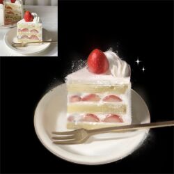  black_background cake cake_slice food food_focus fork foxlett fruit highres no_humans original plate reference_inset simple_background sparkle still_life strawberry strawberry_shortcake 