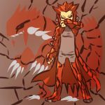  1boy black_sclera coat costume groudon hand_over_mouth hitec male moemon personification pokemon pokemon_(creature) pokemon_(game) pokemon_rse red_hair redhead solo yellow_eyes 