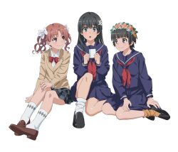  3girls artist_request black_hair black_shoes black_skirt blazer blue_eyes blue_sailor_collar blue_serafuku blue_skirt bow bowtie breasts brown_eyes brown_hair brown_jacket brown_shoes closed_mouth collarbone collared_shirt commentary_request flower flower_hairband full_body grey_skirt hair_bow hair_flower hair_ornament hand_on_ground hand_on_own_knee jacket light_blush loafers long_hair long_sleeves looking_at_another looking_at_object looking_at_viewer medium_skirt merchandise_available miniskirt multiple_girls neckerchief official_art open_mouth orange_socks plaid_clothes plaid_skirt pleated_skirt red_bow red_bowtie red_neckerchief sailor_collar sakugawa_school_uniform saten_ruiko school_uniform second-party_source serafuku shirai_kuroko shirt shoes short_hair simple_background sitting skirt small_breasts smile socks toaru_kagaku_no_railgun toaru_kagaku_no_railgun_t toaru_majutsu_no_index tokiwadai_school_uniform twintails uiharu_kazari white_background white_bow white_shirt white_socks winter_uniform 