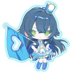  1girl :t ben-day_dots blue_boots blue_bow blue_bowtie blue_gem blue_hair blue_hat blue_outline blue_ribbon blue_skirt blush boots bow bowtie brooch chibi chibi_only closed_mouth commentary_request crossed_bangs dot_nose double-parted_bangs flag footwear_bow frilled_shirt frills full_body gakuen_idolmaster gem green_eyes hair_between_eyes hands_on_own_hips hat hat_bow highres holding holding_behind_back holding_flag idolmaster jewelry knee_boots lace-up_boots layered_skirt long_hair looking_at_viewer mini_hat mini_shako_cap multicolored_shirt multicolored_skirt outline pout ribbon screentones shako_cap shirt short_sleeves simple_background skirt solo standing tilted_headwear tsukimura_temari v-shaped_eyebrows very_long_hair white_background white_bow white_bowtie white_shirt white_skirt yuusuke_(yyy_xp) 