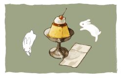  animal animal_focus border cherry commentary creme_caramel dessert fancy_dessert food food_focus fruit green_background napkin no_humans original pudding rabbit sakutake_(ue3sayu) still_life untranslatable_commentary whipped_cream white_border white_rabbit_(animal) 