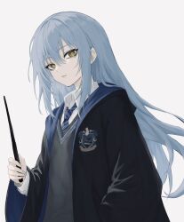  1other blue_hair closed_mouth commentary_request harry_potter_(series) highres hime_turu1 hogwarts_school_uniform holding holding_wand long_hair rimuru_tempest school_uniform simple_background solo tensei_shitara_slime_datta_ken wand white_background wizarding_world yellow_eyes 