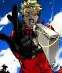  blonde_hair cloud coat crossed_fingers earrings foreshortening gloves grimace gun handgun hands jewelry lens_flare male miwa_shirou miwa_shirow revolver sky solo sunglasses teeth trigun vash_the_stampede weapon 