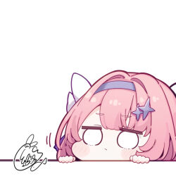  1girl beni_shake blank_eyes blush_stickers chibi commentary_request hair_intakes hairband hands_up o_o pink_hair purple_hairband remielle_dan signature simple_background solo white_background zenless_zone_zero 