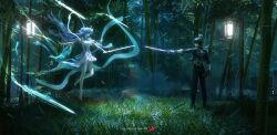  1boy 1girl absurdres bamboo bamboo_forest black_gloves black_hair black_jacket black_pants blue_hair breasts commentary dress english_commentary faceoff floating floating_hair forest gloves high_heels highres holding holding_sword holding_weapon jacket jvn large_breasts long_hair male_rover_(wuthering_waves) midair nature night outdoors pants qingxiao_(wuthering_waves) rover_(wuthering_waves) standing sword thigh-highs weapon white_dress white_thighhighs wuthering_waves 