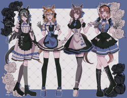  4girls agnes_tachyon_(umamusume) animal_ears apron black_apron black_boots black_bow black_dress black_flower black_gloves black_hair black_hairband black_rose black_shoes black_thighhighs blue_bow blue_bowtie blue_dress blue_necktie blunt_ends boots bow bowtie breasts brown_hair closed_mouth commentary_request dantsu_flame_(umamusume) dress ear_covers ear_ornament ear_tag earrings fishnet_thighhighs fishnets flower footwear_bow frilled_cuffs frilled_dress frilled_gloves frilled_hairband frills gloves grey_gloves grey_hair grey_thighhighs hair_between_eyes hairband hand_up hands_up highres horse_ears horse_girl horse_tail jam_(umamusume) jewelry jungle_pocket_(umamusume) knee_boots lace-up_boots long_hair long_hair_between_eyes manhattan_cafe_(umamusume) medium_breasts multiple_girls necktie notched_ear odag_18 open_mouth platform_boots puffy_short_sleeves puffy_sleeves purple_shoes red_eyes rose shoes short_hair short_necktie short_sleeves single_earring smile tail thigh-highs umamusume very_long_hair waist_apron white_apron white_dress white_flower white_gloves white_hair white_rose wrist_cuffs yellow_eyes 