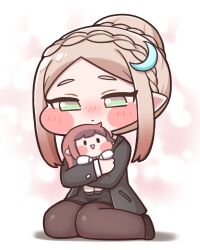  1girl amelia_(trickcal) black_coat black_pantyhose black_shoes blonde_hair blush braid brown_hair chibi coat commentary_request crescent crescent_hair_ornament elena_(trickcal) green_eyes hair_bun hair_ornament highres hugging_doll hugging_object pantyhose pencil_skirt pointy_ears shoes simple_background sitting skirt stuffed_toy suwa_yasai trickcal wariza 