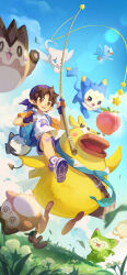  >_< 1boy :3 :d abu_(roco_kingdom:_world) apple backpack backwards_hat bag bandaid bandaid_on_knee bandaid_on_leg bandana blue_shorts blue_sky boy_roco_(roco_kingdom:_world) brown_eyes brown_hair child chinese_commentary closed_eyes clouds cloudy_sky commentary_request day dimo_(roco_kingdom:_world) doudou_(roco_kingdom:_world) duckiji_(fluffy)_(roco_kingdom:_world) emoding_(roco_kingdom:_world) fingerless_gloves fishing_rod flower flying food fruit gloves grass happy hat highres holding holding_fishing_rod leaf male_focus meadow meevy_(roco_kingdom:_world) navel open_mouth outdoors peach pointy_ears pokemon_(creature) riding roco_kingdom roco_kingdom:_world shirt shoes short_hair short_sleeves shorts sky smile sneakers socks star_(symbol) teeth tongue wanqiang_shilaimu white_flower white_shirt xuerong_bird_(roco_kingdom:_world) 