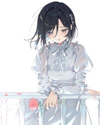  1girl absurdres against_railing black_eyes black_hair blue_ribbon center_frills clothing_cutout commentary cowboy_shot dress flower frilled_dress frilled_sleeves frills hair_intakes hair_ornament hand_on_railing highres holding holding_flower juliet_sleeves lace lace_trim lens_flare lito_kinomemo long_sleeves looking_down medium_hair multicolored_eyes neck_ribbon original parted_lips petals pink_eyes pink_flower pink_petals pink_rose puffy_sleeves railing ribbon rose side_part signature simple_background solo two-tone_eyes white_background white_dress white_ribbon 