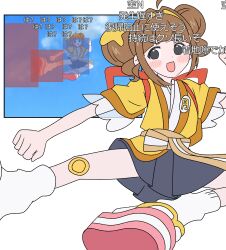  1girl absurdres ahoge aventador badge black_eyes brown_hair commentary_request double_bun flying_kick hair_bun hairband happi highres hitbox_dissonance imadake_dabuchi_tabemi imadake_tsukimi_tabemi japanese_clothes kicking kimono looking_at_viewer mcdonald's open_happi open_mouth pink_sandals sandals short_sleeves smile socks solo translation_request white_socks yellow_hairband yellow_happi yellow_kimono 