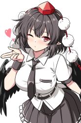  1girl absurdres bird_wings black_necktie black_skirt black_wings blowing_kiss blush breasts brown_hair closed_mouth collared_shirt commentary_request commission feathered_wings hat heart highres large_breasts looking_at_viewer necktie pleated_skirt pointy_ears pom_pom_(clothes) puffy_short_sleeves puffy_sleeves red_eyes red_hat ribbon-trimmed_skirt ribbon_trim rise_(rise19851203) shameimaru_aya shirt short_sleeves skeb_commission skirt solo tokin_hat touhou white_shirt wings 