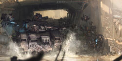  6+boys adeptus_astartes armor artist_name behind_cover bolter combat_helmet eddygonzlezdvila energy_gun glowing glowing_eyes gun helmet highres holding holding_bolter holding_gun holding_weapon industrial_pipe instagram_logo iron_hands_(warhammer) laser laser_pointer_projection laser_sight light_particles military_vehicle motor_vehicle multiple_boys pauldrons plasma_rifle power_armor puddle purity_seal ruins science_fiction servo-skull shoulder_armor splashing tank tank_cupola techmarine two-headed_eagle war warhammer_40k weapon 
