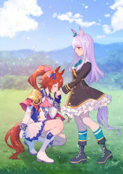  2girls absurdres animal_ears ascot black_boots black_coat blurry blurry_background boots bow brown_hair capelet chinese_commentary closed_mouth clouds coat collared_shirt commentary_request day ear_bow earrings english_commentary epaulettes gloves green_bow green_socks heiyizhushenxia highres horse_ears horse_girl horse_tail jewelry kiss kissing_hand long_sleeves mejiro_mcqueen_(frontline_elegance)_(umamusume) mejiro_mcqueen_(umamusume) mixed-language_commentary multiple_girls on_one_knee outdoors pink_ascot pleated_skirt ponytail purple_gloves purple_hair red_capelet shirt single_epaulette skirt socks standing tail tokai_teio_(peak_joy)_(umamusume) tokai_teio_(umamusume) umamusume violet_eyes white_boots white_gloves white_shirt white_skirt yuri 