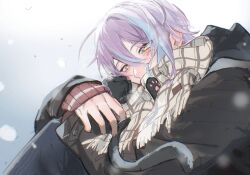  1boy aegyo_sal animal black_cat black_jacket blue_streaks blush cat commentary_request covered_mouth earrings grey_scarf hair_between_eyes highres holding holding_animal holding_cat jacket jewelry kamishiro_rui knees_up long_sleeves luosimirage male_focus multicolored_hair official_alternate_costume pawpads plaid_clothes plaid_scarf project_sekai purple_hair scarf short_hair snowing solo special_present_for_you!_(project_sekai) streaked_hair yellow_eyes 