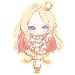  1girl ben-day_dots blonde_hair blue_eyes blush bow bowtie breasts brooch chibi chibi_only commentary_request dot_nose full_body gakuen_idolmaster gem gloves grin hair_intakes hand_on_own_hip hat hat_bow highres holding_baton idolmaster jewelry juo_sena layered_skirt long_hair looking_at_viewer medium_breasts mini_hat mini_shako_cap multicolored_shirt multicolored_skirt orange_bow orange_gem orange_hat orange_ribbon orange_shoes orange_skirt outline parted_bangs ribbon screentones shako_cap shirt shoes short_sleeves simple_background skirt smile solo standing tassel thigh-highs thigh_bow thigh_strap tilted_headwear white_background white_bow white_bowtie white_gloves white_shirt white_skirt white_thighhighs wrist_ribbon yellow_bow yellow_bowtie yellow_outline yellow_shirt yellow_skirt yuusuke_(yyy_xp) 