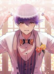  1boy absurdres backlighting black_bow blue_hair blue_nails blurry blush bow bowtie bridal_veil collared_shirt commentary_request contrast_lapels corsage depth_of_field flower flower_request gold_trim grin hair_between_eyes hands_up highres indoors jacket kuki_ko lace_trim lapels leaning_forward lens_flare leviathan_(obey_me!) lifting_another's_clothes looking_at_viewer male_focus obey_me!:_one_master_to_rule_them_all! obey_me!_(series) open_clothes open_jacket orange_bow orange_bowtie orange_eyes orange_flower pov raised_eyebrows red_vest shawl_lapels shirt short_hair smile solo sparkle straight-on striped_clothes striped_vest swept_bangs two-tone_vest variant_set veil vertical-striped_clothes vertical-striped_vest very_short_hair vest waistcoat wedding white_jacket white_shirt window yellow_flower 