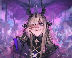  1girl arknights artist_name black_horns black_jacket black_shirt blonde_hair blue_eyes collared_shirt commentary dated english_commentary evil_smile hair_between_eyes hair_over_one_eye hand_on_own_cheek hand_on_own_face highres horns jacket long_hair long_sleeves looking_at_viewer necrass_(arknights) open_mouth revision shirt signature smile solo teeth upper_body vertutame watermark 