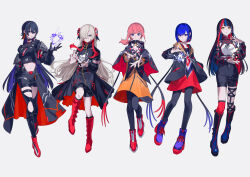  5girls absurdres asymmetrical_legwear asymmetrical_sleeves belt black_capelet black_choker black_coat black_gloves black_jacket black_leggings black_overskirt black_pantyhose black_ribbon black_shirt black_shorts black_socks blue_boots blue_eyes blue_hair blue_streaks bob_cut boots braid buckle capelet choker clothing_cutout coat colored_inner_hair crop_top cropped_jacket detached_sleeves diamond_earrings dress earphones earrings flower gloves grey_eyes grey_hair hair_between_eyes hair_flower hair_ornament hair_over_one_eye harusaruhi high-waist_shorts high_collar high_tops highres isekaijoucho jacket jewelry kaf_(kamitsubaki_studio) kamitsubaki_studio knee_boots kneehighs koko_(kamitsubaki_studio) large_earrings leggings long_hair long_sleeves looking_at_viewer low_ponytail midriff_peek mismatched_sleeves multicolored_eyes multicolored_hair multicolored_jacket multiple_belts multiple_girls multiple_thigh_straps nail_polish navel o-ring o-ring_choker official_alternate_costume official_art one_eye_covered open_clothes open_jacket orange_dress overskirt pantyhose pink_hair platform_boots platform_shoes ponytail print_capelet print_dress puffy_long_sleeves puffy_sleeves purple_hair red_boots red_dress red_flower red_hair red_nails red_socks red_streaks ribbon rim_(kamitsubaki_studio) ritao_kamo shirt shirt_under_shirt shoes short_hair short_sleeves shorts side_braid side_part sidelocks single_kneehigh single_sock snap-fit_buckle sneakers socks spider_web_print standing standing_on_one_leg strap streaked_hair thigh_boots thigh_cutout thigh_strap turtleneck turtleneck_shirt two-sided_capelet two-sided_coat two-sided_fabric two-sided_skirt uneven_sleeves v.w.p_(kamitsubaki_studio) violet_eyes white_ribbon yellow_eyes yellow_pupils zipper zipper_pull_tab 