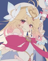  1girl antenna_hair blonde_hair blush bow brooch butterfly_hat capelet commentary_request cure_arcana_(star_kiraring_from) dress frilled_capelet frilled_cuffs frills gradient_hair hair_intakes heart heart_brooch heart_wings highres huge_bow jewelry korean_commentary large_bow lell long_hair looking_at_viewer magical_girl meitantei_precure! moria_luluka multicolored_hair open_mouth precure red_bow shine_arcana_rod smile solo teeth upper_body very_long_hair white_dress wings wrist_cuffs 