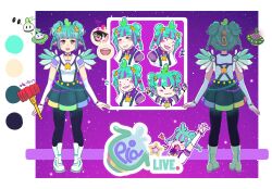  1girl boots braid bridal_gauntlets double_bun fang fangs from_behind green_pupils green_skirt hair_bun hammer highres indie_virtual_youtuber multicolored_hair multiple_views official_art open_mouth piapi_ufo piapi_ufo_(1.0) pink_streaks reference_sheet shirt skin_fang skirt slime_hair slime_on_head star-shaped_pupils star_(symbol) streaked_hair symbol-shaped_pupils twin_braids ufo violet_eyes virtual_youtuber white_boots white_bridal_gauntlets white_shirt wings zipper_pull_tab 