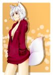  animal_ears bad_id bottomless breasts chulain cleavage dog_ears earrings eyebrows heart highres hoodie jewelry no_bra open_clothes open_shirt original red_eyes shirt smile solo tail white_hair 