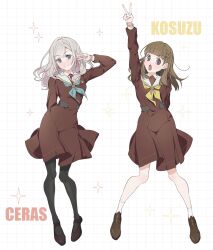 2girls :o aqua_neckerchief arm_behind_back arm_up black_pantyhose black_shoes blue_eyes brown_dress brown_shoes ceras_yanagida_lilienfeld character_name closed_mouth commentary dress full_body grey_hair grid_background hair_ribbon hasu_no_sora_school_uniform highres kachimachi_kosuzu loafers long_sleeves looking_at_viewer love_live! love_live!_hasu_no_sora_jogakuin_school_idol_club mary_janes medium_dress multiple_girls neckerchief pantyhose pink_eyes pink_ribbon pleated_dress ribbon ruoguiling sailor_collar sailor_dress school_uniform shoes smile socks untranslatable_commentary v virtual_youtuber white_background white_sailor_collar white_socks winter_uniform yellow_neckerchief 