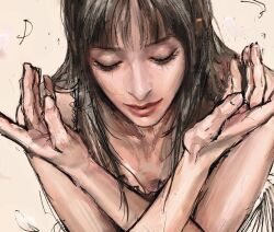  1girl black_hair blunt_bangs closed_eyes commentary_request crossed_arms eyelashes highres light_smile narita_sea nico_robin one_piece one_piece_(live_action) petals red_lips solo 