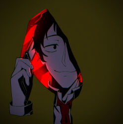  1boy adachi_tohru black_eyes black_hair blending cellphone coat collared_shirt commentary_request flip_phone highres hood hood_up hooded_coat looking_at_viewer male_focus necktie one_eye_covered persona persona_4 phone red_necktie shirt short_hair smile solo spoilers yae_yumedori yellow_background yellow_coat 