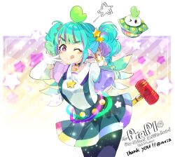  1girl aqua_hair axia_(03400441) braid bridal_gauntlets commentary_request double_bun fang gloves green_pupils green_skirt hair_bun hair_ornament hammer highres indie_virtual_youtuber multicolored_hair one_eye_closed piapi_ufo piapi_ufo_(1.0) pink_streaks shirt skin_fang skirt slime_on_head smile star-shaped_pupils star_(symbol) star_hair_ornament streaked_hair symbol-shaped_pupils tongue tongue_out twin_braids ufo violet_eyes virtual_youtuber white_bridal_gauntlets white_gloves white_shirt wings zipper 