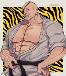  1boy bald belt black_belt black_eyes commentary_request dougi eyepatch grappler_baki hand_on_own_hip highres karate_gi martial_arts_belt muscular muscular_male orochi_doppo solo suzuki_(n86713) twitter_username white_mouth 