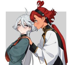  2girls ahoge asticassia_school_uniform baesong black_hairband blue_eyes closed_mouth commentary_request frown green_jacket grey_background grey_eyes grey_hair gundam gundam_suisei_no_majo hairband head_on_another's_shoulder jacket korean_commentary long_hair miorine_rembran multiple_girls ponytail red_hair school_uniform simple_background suletta_mercury thick_eyebrows white_jacket 