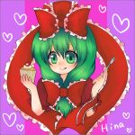  c6mystic cupcake food fork green_eyes green_hair hair_ribbon heart kagiyama_hina ribbon smile tongue touhou 