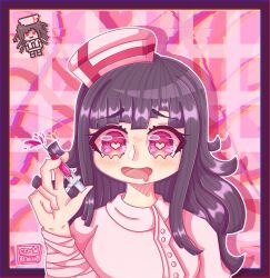  1girl amyaniii artist_name bandaged_arm bandages blush border bright_pupils commentary danganronpa_(series) danganronpa_3_(anime) dark_persona dated drooling drop_shadow english_commentary eyelashes fingernails hat heart heart-shaped_pupils highres holding holding_syringe long_hair mouth_drool nurse official_alternate_costume open_mouth outline pink_eyes pink_hat pixel_art_inset purple_border purple_hair smile solo symbol-shaped_pupils syringe tsumiki_mikan white_outline white_pupils 