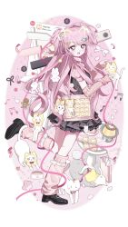  1girl absurdres ahoge animal animal_charm animal_ears aoetntnov23 arm_warmers arrow_(symbol) bag belt black_shoes black_vest border bow bowl bowtie brown_eyes camera cat cat_charm cat_ears character_charm charm_(object) cherry chinese_commentary cloak clothed_animal collared_shirt commentary_request confetti cosmetics dot_nose drawn_ears ear_covers eyelashes food frilled_skirt frills fruit full_body gingerbread_man grey_skirt gyaru hair_ornament hair_scrunchie heart heart_hair_ornament highres hood hood_up hooded_cloak infinity_nikki leg_belt leg_up leg_warmers light_blush lipstick_tube loafers long_hair looking_at_viewer loose_hair_strand miniskirt momo_(nikki) momo_longlegs_(infinity_nikki) multiple_views musical_note nikki_(nikki) nikki_(series) open_mouth outside_border oval pet_bowl pink_arm_warmers pink_background pink_bag pink_hair pink_leg_warmers pink_ribbon pink_shirt plaid_clothes plaid_skirt pleated_skirt polka_dot polka_dot_background post_sign pudding puffy_short_sleeves puffy_sleeves rabbit rainbow_hair_ornament red_bow red_bowtie ribbon rosie_sweetheart_(infinity_nikki) round_border scrunchie shirt shoes short_sleeves skirt smile social_network solo star_(symbol) star_hair_ornament swept_bangs table tareme tote_bag traditional_bowtie two_side_up very_long_hair vest white_belt white_border white_cat white_scrunchie y2k_fashion yarn yarn_ball yellow_cloak 