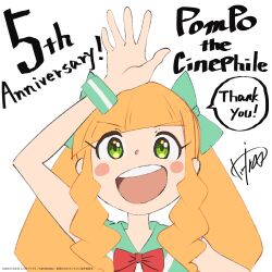  1girl anniversary blunt_bangs bow bracelet commentary_request dress eiga_daisuki_pompo-san green_eyes hair_bow highres jewelry joelle_pomponett long_hair looking_at_viewer official_art open_mouth orange_hair second-party_source sidelocks signature simple_background sleeveless smile solo thank_you twintails 